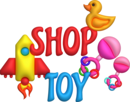 3D illustration toy shop letters and icons rocket duck and baby toys.Kids toys minimal style. png