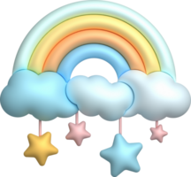 3D illustration Bright rainbows, clouds, and hanging stars. minimal style. png