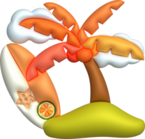 3d illustrazione Noce di cocco alberi e nuvole e tavole da surf png