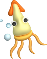 3D illustration Cute underwater animals squid and octopus. minimal style. png