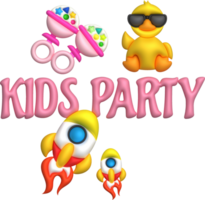 3D illustration letters kids party rocket duck with dark glasses and children's toys.Kids toys minimal style. png