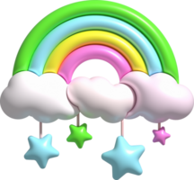 3D illustration Bright rainbows, clouds, and hanging stars. minimal style. png