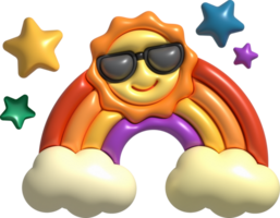 3D illustration colorful rainbow, clouds, sun in sunglasses and stars. minimal style. png