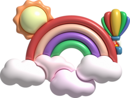 3D illustration Colorful rainbow, clouds, sun and balloons. minimal style. png