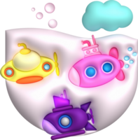 3D illustration  Submarine undersea with bubble.Kids toys minimal style. png