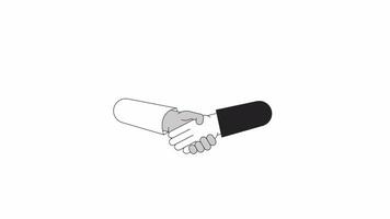 Networking shaking hands bw outline 2D character hands animation. Negotiating handshake diverse monochrome linear cartoon 4K video. Greeting animated people body parts isolated on white background video