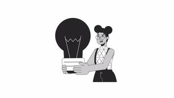 Young entrepreneur with business idea bw outline 2D character animation. Startuper monochrome linear cartoon 4K video. Businesswoman holding lightbulb animated person isolated on white background video