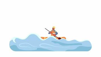 Rudern Boot zuerst Antwortender Karikatur Animation. Notfall Flut Bedienung 4k Video Bewegung Grafik. männlich Freiwillige Kreuzung überflutet Stadt Straße 2d Farbe animiert Szene isoliert auf Weiß Hintergrund