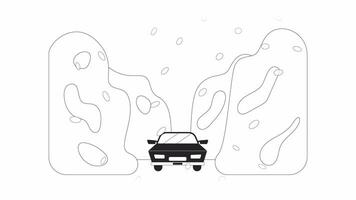 Blizzard natural disaster bw cartoon animation. Winter storm 4K video motion graphic. Snowstorm car riding in snow. Frozen city street 2D monochrome line animated scene isolated on white background