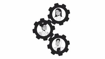 Teamwork gears bw outline 2D animation. Women only business 4K video motion graphic. Business team and cogs. Collaboration cog wheels monochrome linear animated cartoon flat concept, white background