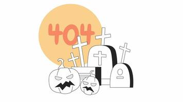 Tombstones pumpkins with glowing moon bw error 404 animation. Graveyard spooky jack o lanterns error message gif, motion graphic. Halloween animated scene outline 4K video isolated on white background