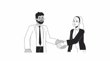 Negotiating business people bw outline 2D characters animation. Coworkers networking monochrome linear cartoon 4K video. Leaders colleagues shaking hands animated people isolated on white background video