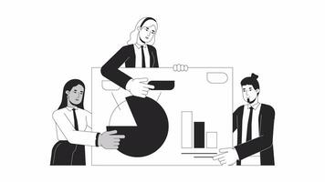 Presentation businesspeople bw outline 2D animation. Partnership 4K video motion graphic. Teamwork sharing. Happy coworking team monochrome linear animated cartoon flat concept, white background