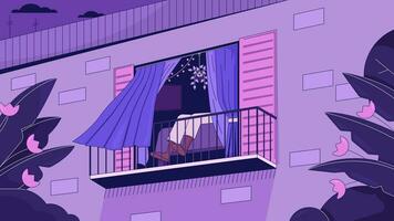 Relaxing on balcony lo fi animated cartoon background. Curtain open window breeze 90s retro lofi aesthetic live wallpaper animation. Relaxed weekend color chill scene 4K video motion graphic