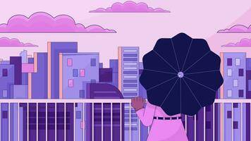Umbrella woman looking at city sunset lo fi animated cartoon background. 90s retro lofi aesthetic live wallpaper animation. Rooftop skyline with moving clouds color chill scene 4K video motion graphic