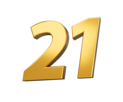 Gold number 21 Twenty one shiny 3d number 21 made of gold 3d illustration png