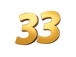 Gold number 33 Thirty three shiny 3d number 33 made of gold 3d illustration png