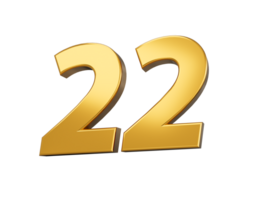 Gold number 22 Twenty Two shiny 3d number 22 made of gold 3d illustration png