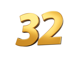 Gold number 32 Thirty two  shiny 3d number 32 made of gold 3d illustration png