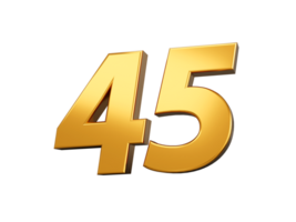 Gold number 45 Forty five shiny 3d number 45 made of gold 3d illustration png