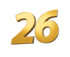 Gold number 26 Twenty six  shiny 3d number 26 made of gold 3d illustration png