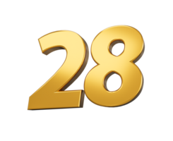 Gold number 28 Twenty eight shiny 3d number 28 made of gold 3d illustration png