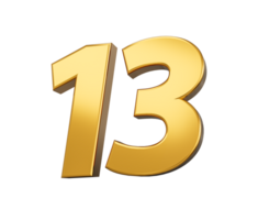 Gold number 13 thirteen shiny 3d number 13 made of gold 3d illustration png