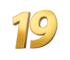 Gold Nummer 19 neunzehn glänzend 3d Nummer 19 gemacht von Gold 3d Illustration png