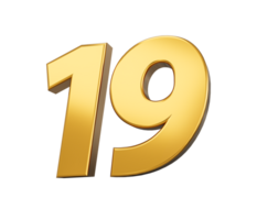 Gold number 19 nineteen shiny 3d number 19 made of gold 3d illustration png