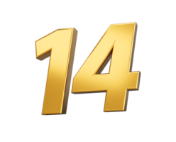 Gold number 14 Fourteen shiny 3d number 14 made of gold 3d illustration png