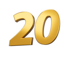 Gold Nummer 20 zwanzig glänzend 3d Nummer 20 gemacht von Gold 3d Illustration png