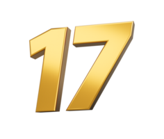 Gold number 17 Seventeen shiny 3d number 17 made of gold 3d illustration png