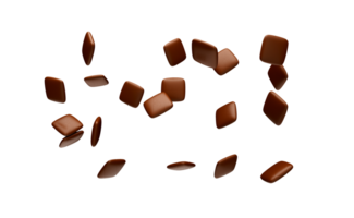 Brown Chocolate coated candies square shape Flying in the air 3d illustration png