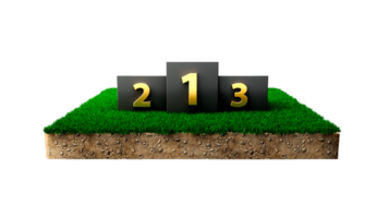 svarta vinnarpodier på fyrkantigt grönt gräs tvärsnitt utskuret med guldbokstäver 3d-illustration png