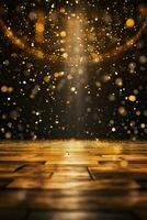 Golden confetti rains on festive stage with a light beam empty night mockup for events and presentations photo