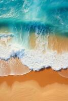 Abstract aerial view of a sandy beach with light blue waves and sun perfect for summer vacation banners photo