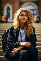 A young female student sits on the university stairs photo