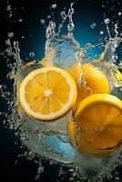 Lemon slices sinking into the depths of water photo