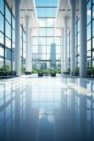 A stunning blurred background of a light modern office with panoramic windows and attractive lighting photo