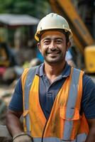 alegre hermoso indio hombre trabajando a el construcción sitio foto