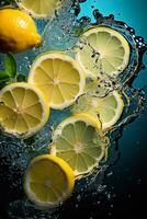 limón rebanadas hundimiento dentro el lo más hondo de agua foto
