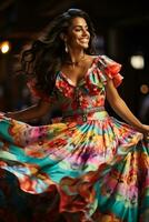Traditional Mexican dancing features vibrant skirts that twirl and float with colorful elegance photo