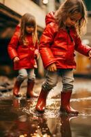 Children wearing red rubber boots walk through a puddle while using technology photo