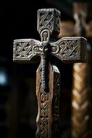 AI-generated close-up of an ancient wooden religious cross in a prayerful pose photo