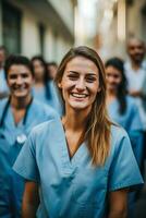 A team of doctors posing in a hospital smiling at the camera created using tools photo