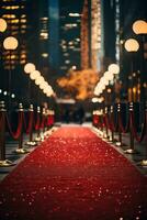 Red carpet rolls out before a backdrop of a glamorous movie premiere photo