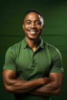 Smiling young black man stands in front of green backdrop with folded arms and green shirt photo