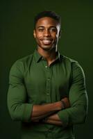 Smiling young black man stands in front of green backdrop with folded arms and green shirt photo