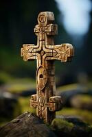 AI-generated close-up of an ancient wooden religious cross in a prayerful pose photo