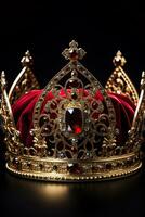 Isolated gold crown with red jewels depicting a medieval design placed on a white background photo